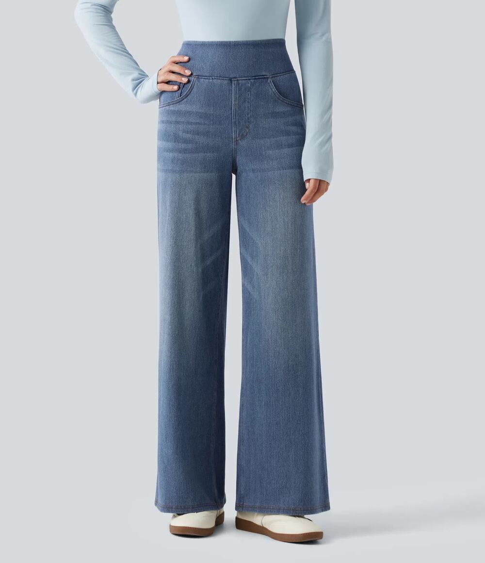 Halara Flex Denim Heat Jeans High Waisted Wide Leg Pants Blue NWT Small Petite